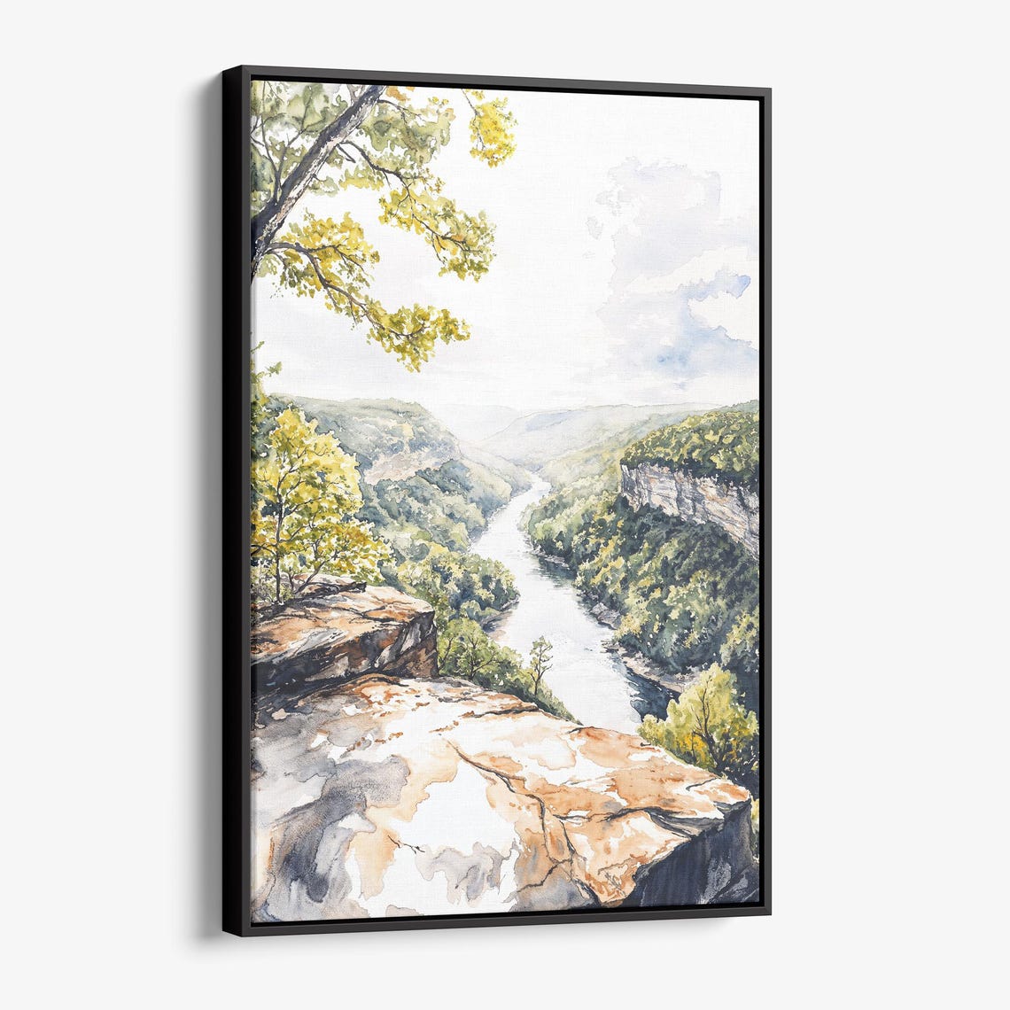 River Gorge Overlook Rocky Cliffs Autumn Watercolor Art Poster