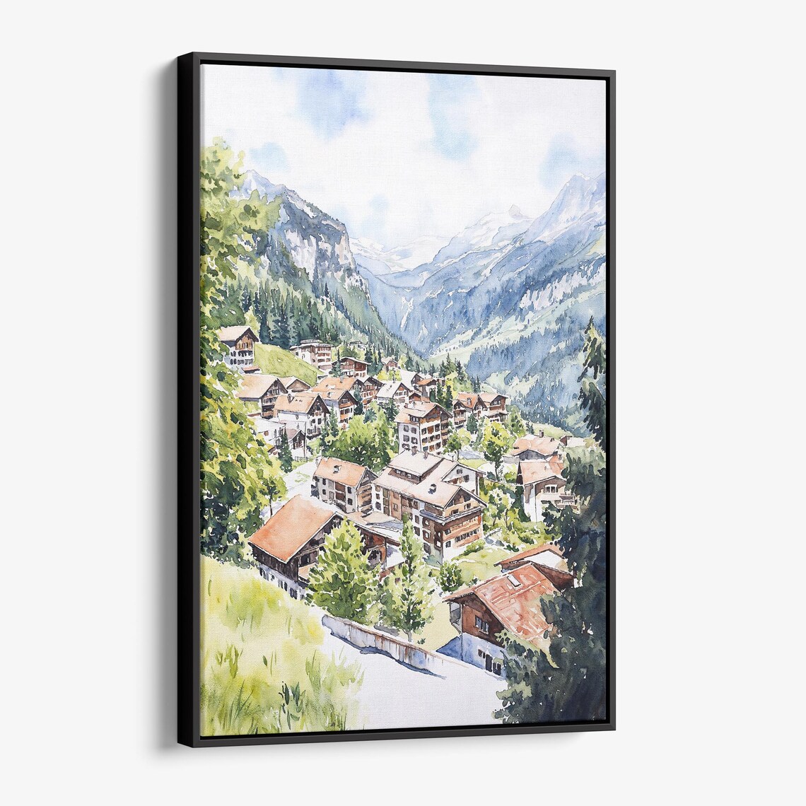 Wengen Switzerland Alpine Village Watercolor Mountain Poster