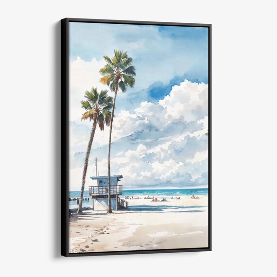 Coastal Beach Lifeguard Tower Palm Trees Ocean Watercolor Poster