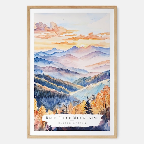 Blue Ridge Mountains Watercolor Layered Ridges Fall Sunset Poster