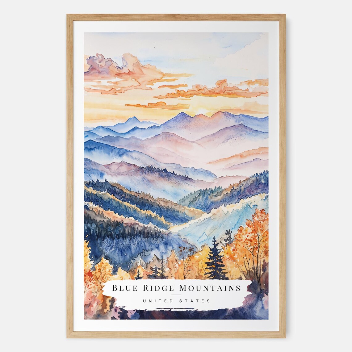 Blue Ridge Mountains Watercolor Layered Ridges Fall Sunset Poster