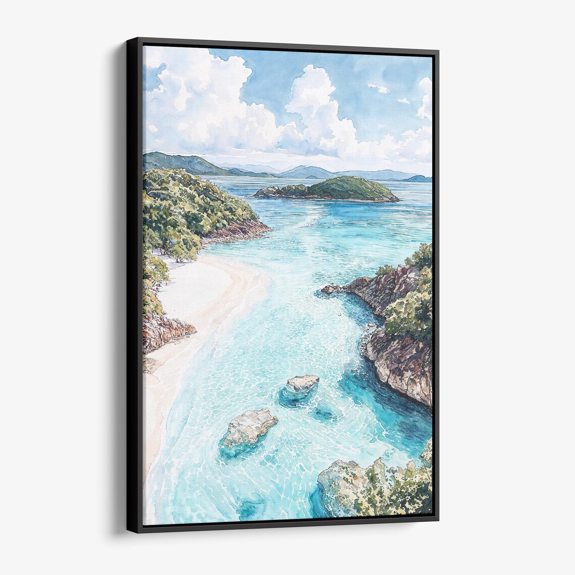 Tropical Island Bay Turquoise Water White Sand Watercolor Art Poster