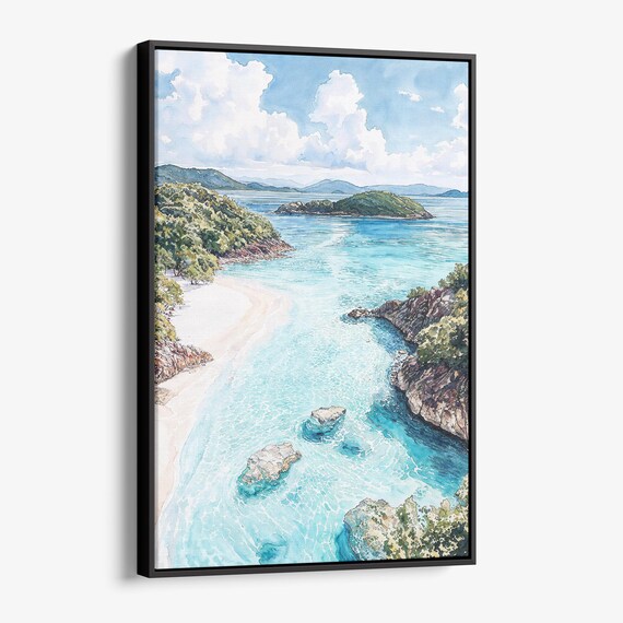 Tropical Island Bay Turquoise Water White Sand Watercolor Art Poster