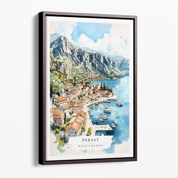 Perast Montenegro Bay Watercolor Boats Old Town Coastal Scene Poster