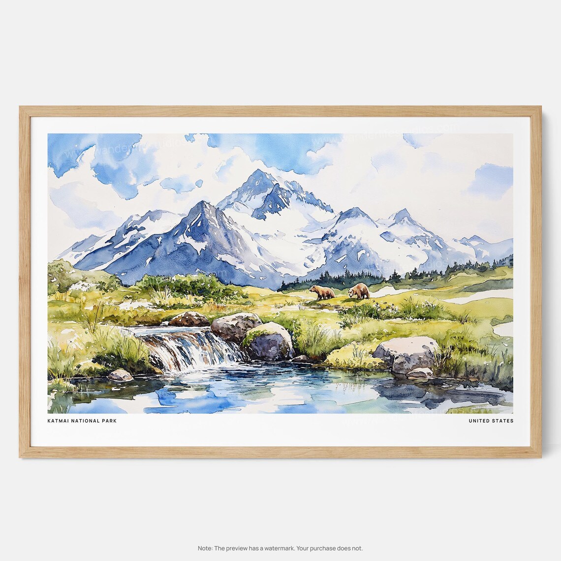 Katmai National Park Brown Bears Snowy Peaks Watercolor Wildlife Poster
