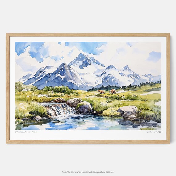Katmai National Park Brown Bears Snowy Peaks Watercolor Wildlife Poster