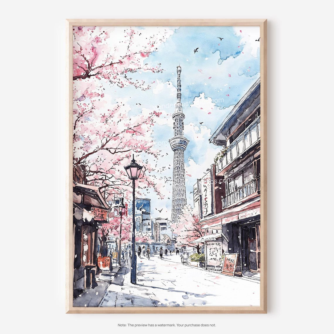Tokyo Skytree Cherry Blossom Street Spring Watercolor Japan Poster