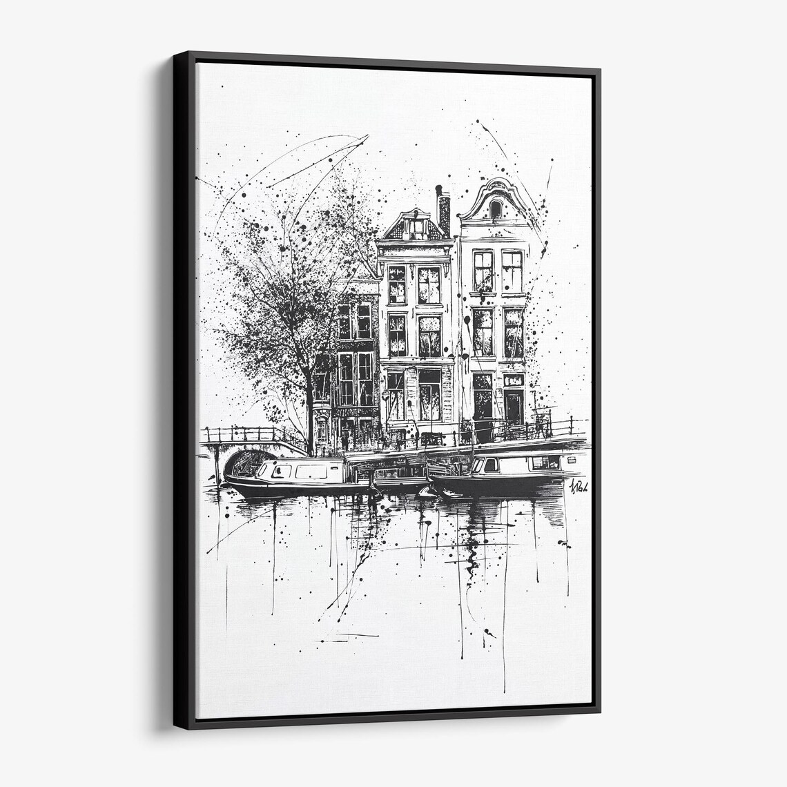 Amsterdam Canal Houses Ink Sketch Black White Cityscape Art Poster