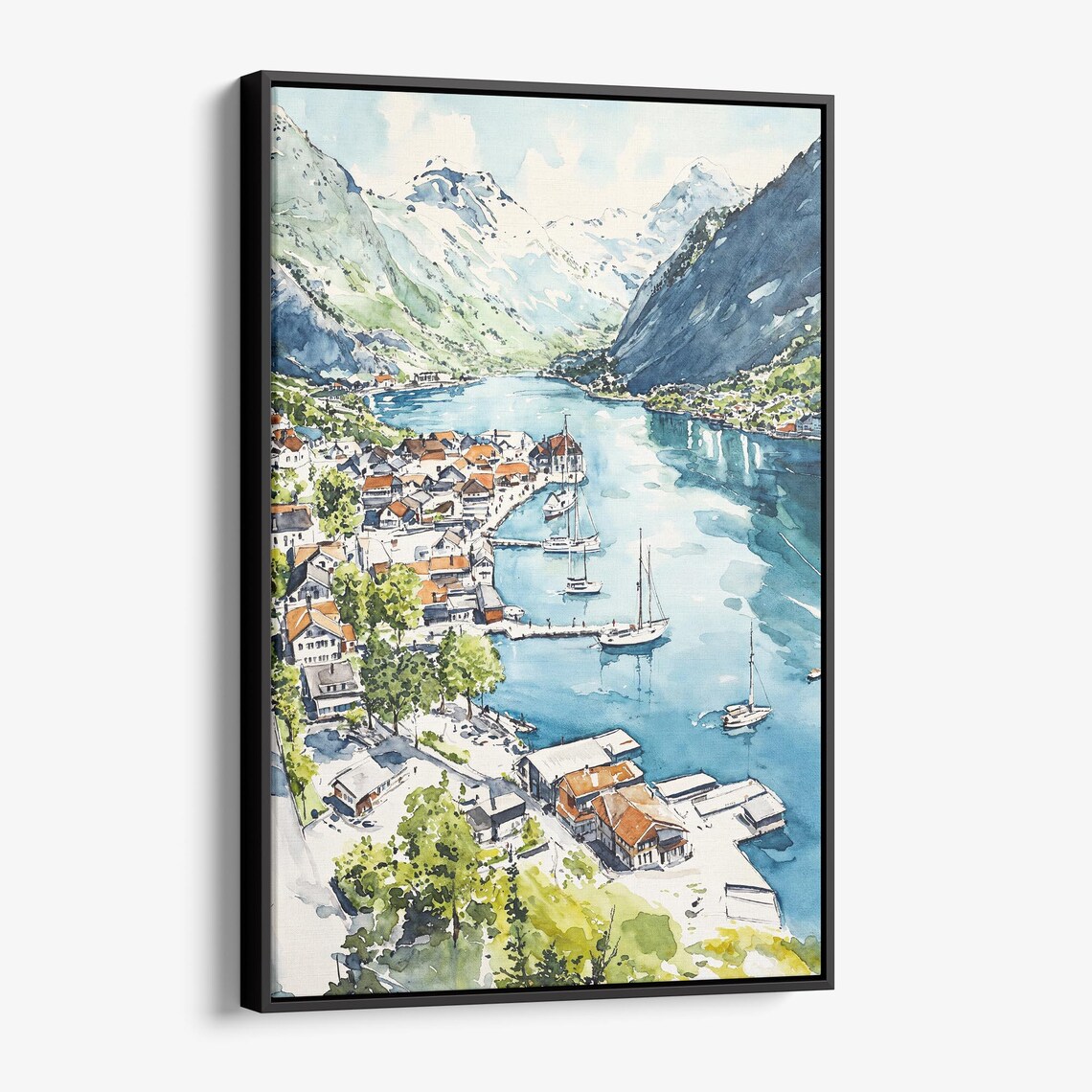 Alpine Fjord Lake Village Harbor Boats Mountain Watercolor Poster