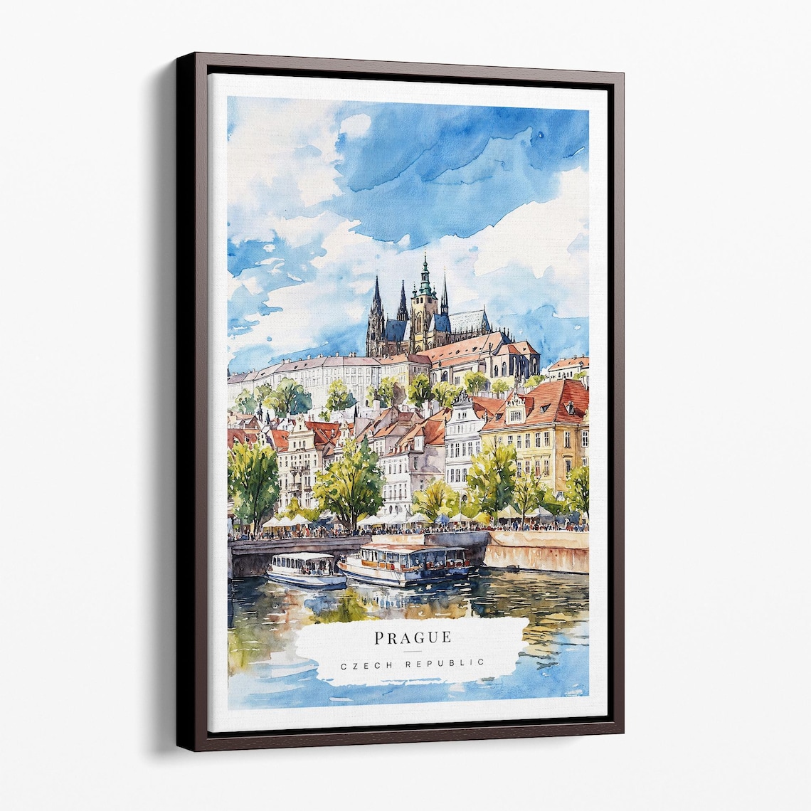 Prague Charles Bridge and Castle Old Town Watercolor Travel Poster