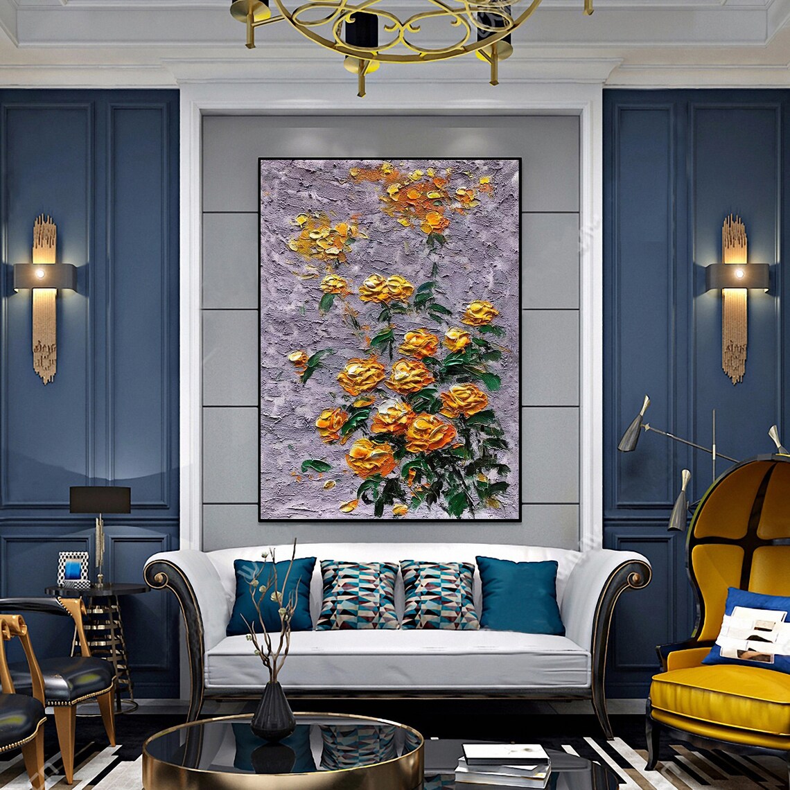 Yellow Roses On Lavender Gray Textured Impasto Oil Painting Poster - Image 2