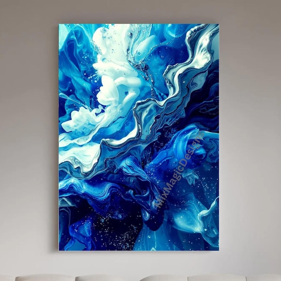 Abstract Blue Ocean Fluid Ink Swirls Turquoise Waves Modern Art Poster