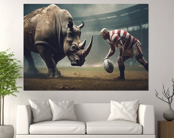 Rugby Player Vs Rhinoceros Epic Showdown Stadium Dramatic Wall Art Poster