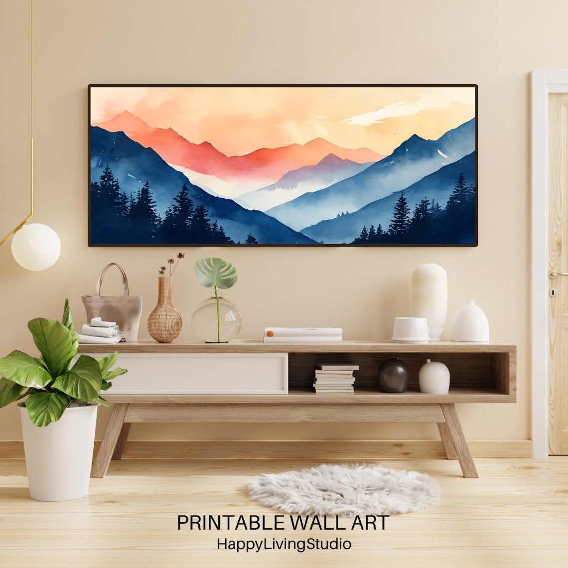 Sunrise Mountain Peaks Watercolor Orange Glow Blue Valley Poster - Image 4