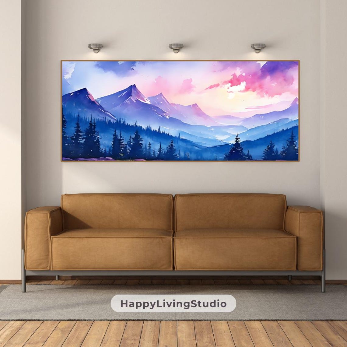 Mountain Watercolor Landscape Pink Purple Sky Snowy Peaks Wall Poster - Image 2
