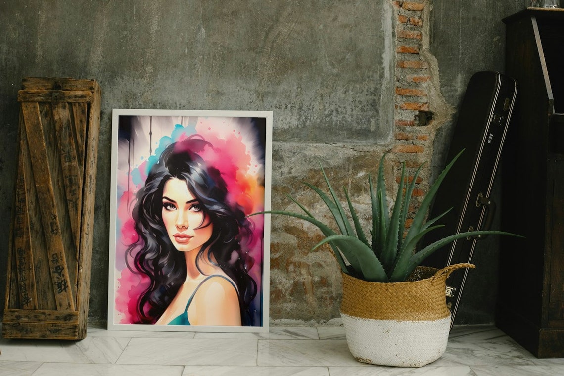 Brunette Woman Watercolor Portrait Pink Splash Elegant Beauty Poster - Image 2