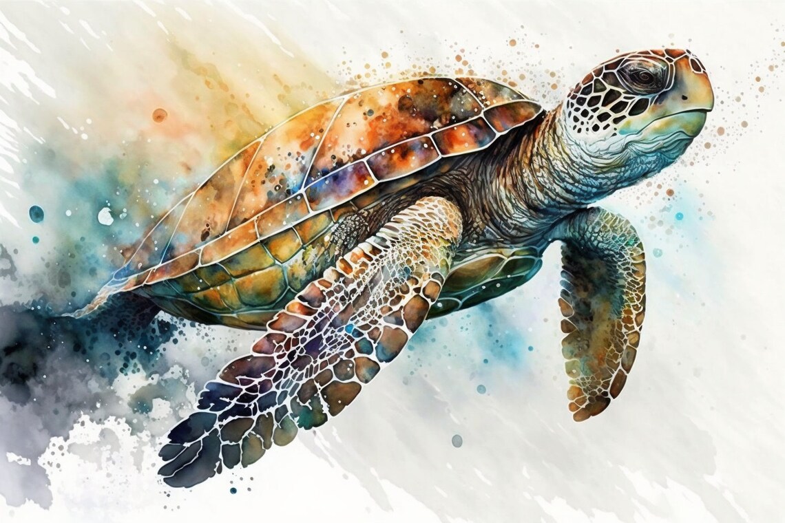 Sea Turtle Swimming Watercolor Ocean Blue Reef Animal Wall Art Poster