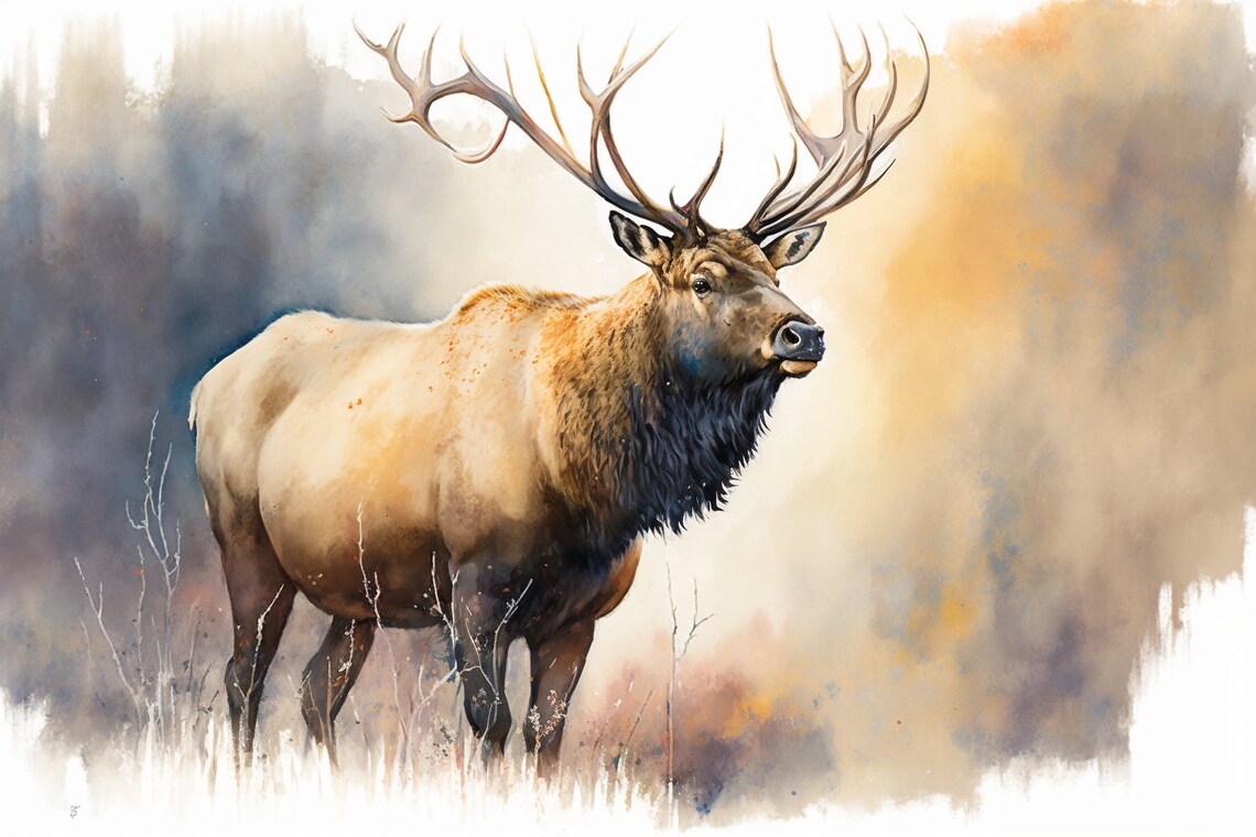 Elk Watercolor Animal Print, Farmhouse Rustic Decor
