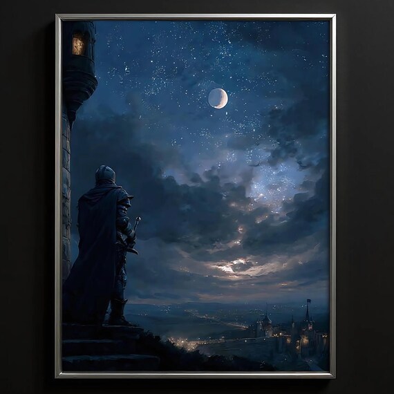 Dark Fantasy Knight Painting Medieval Starry Night Art