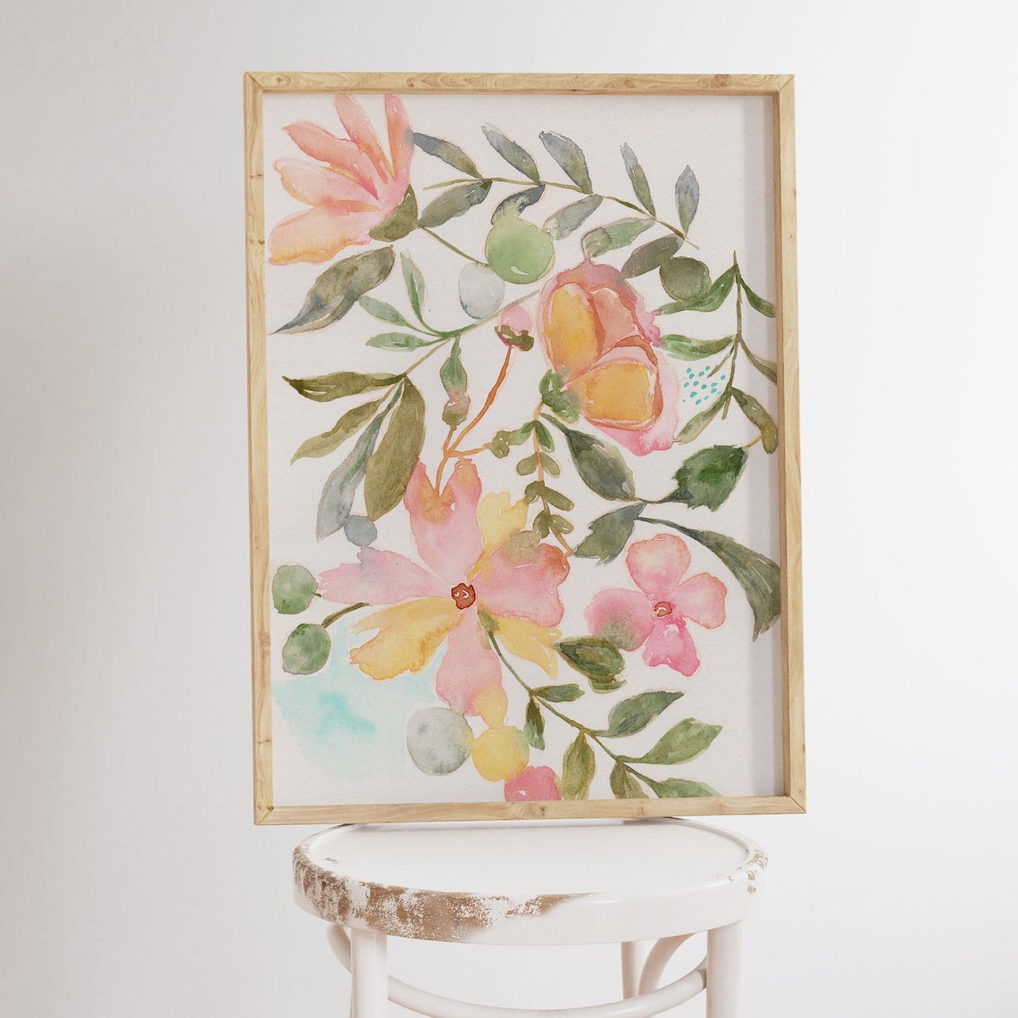 Abstract Floral Watercolor Pink Yellow Loose Botanical Art Poster