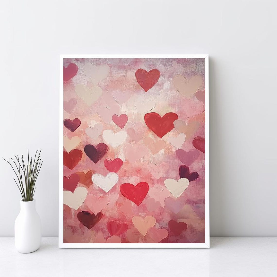 Red Pink White Hearts Pattern Painted Romantic Valentine Art Poster