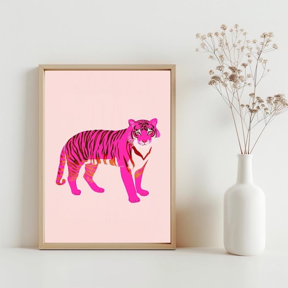 Pink Tiger Wall Art Orange Animal Painting Large Maximalist Poster Preppy College Dorm Room Funky Apartment Decor Sg238