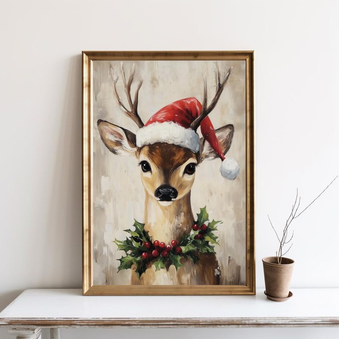 Festive Christmas Reindeer Wearing Santa Hat Rustic Holiday Wall Art