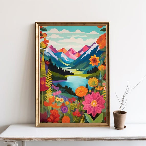 Abstract Mountain Artwork Colorful Wall Art Scenery Acrylic Illustration Living Room Print Floral Sg134