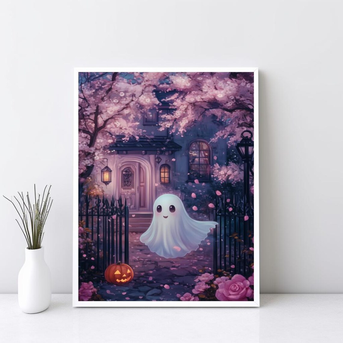 Cute Pink Halloween Ghost Cherry Blossom Night Scene Wall Art