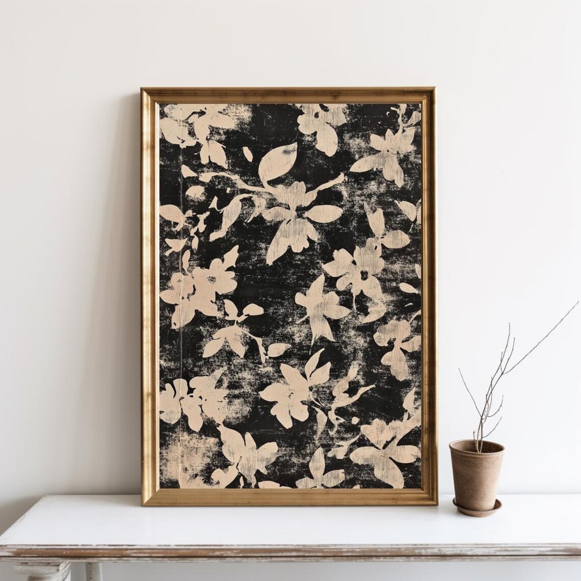 Neutral Floral Pattern Art Print, Japanese Minimalist
