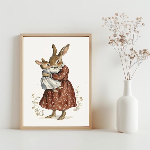Mom Baby Rabbit Nursery Wall Art Cute Bunny Decor Vintage Style Easter Print Girls Poster Sg402