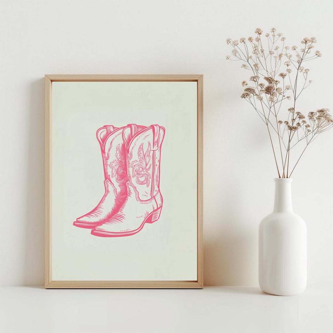 Pink Cowgirl Boots Line Art Western Coquette Dorm Decor Poster