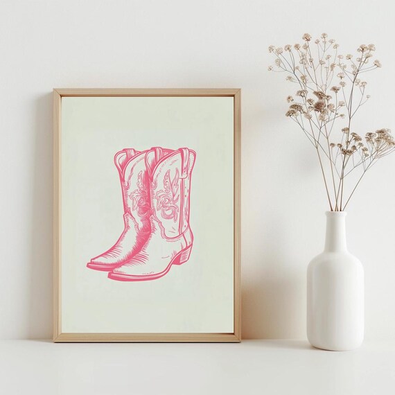 Pink Cowgirl Boots Line Art Western Coquette Dorm Decor Poster
