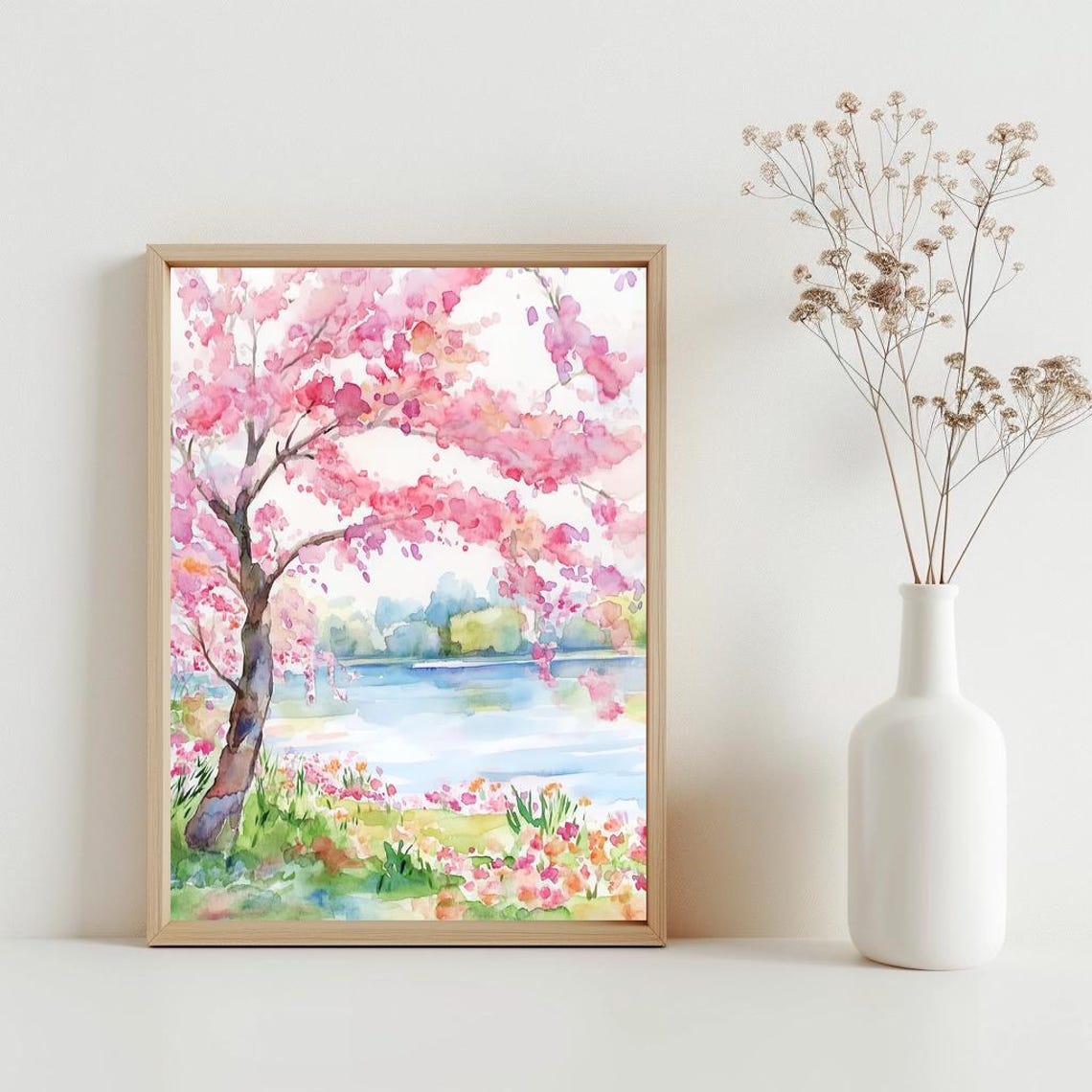 Pink Cherry Blossom Tree Lakeside Spring Watercolor Wall Art
