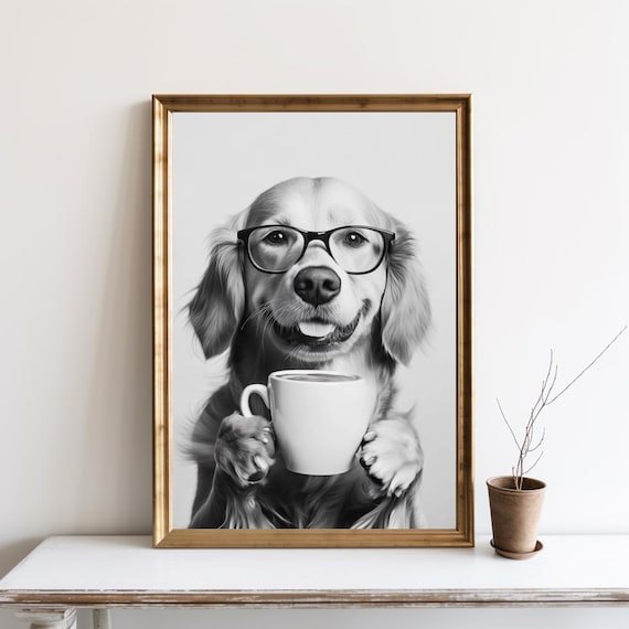 Golden Retriever Drinking Coffee Wall Art Lover Poster Black And White Print Cute Dog Gift Funny Kitchen Decor Sg418