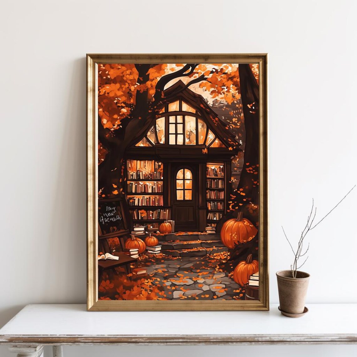 Cozy Autumn Bookshop Cottage Fall Books Pumpkins Illustration Poster
