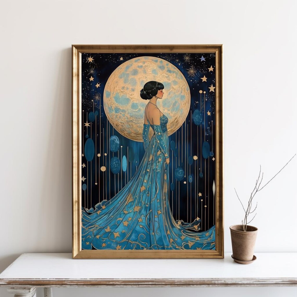 Girl Moon And Stars Vintage Deco Art Print