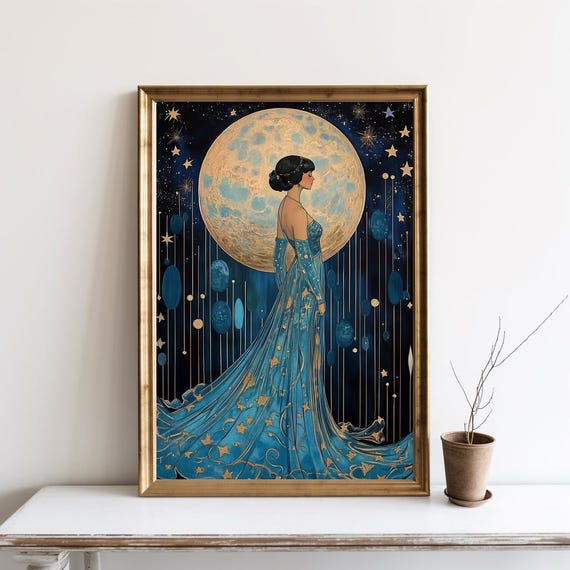 Girl Moon And Stars Vintage Deco Art Print