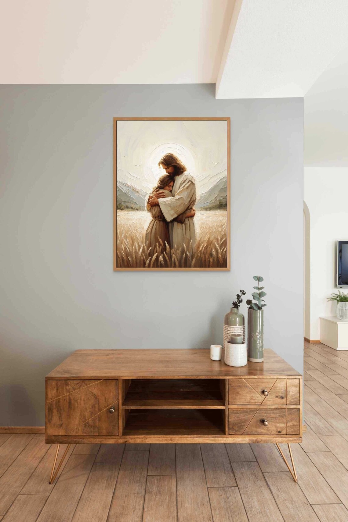 Jesus Embracing Girl In Golden Wheat Field With Mountain Glow Poster - Image 3