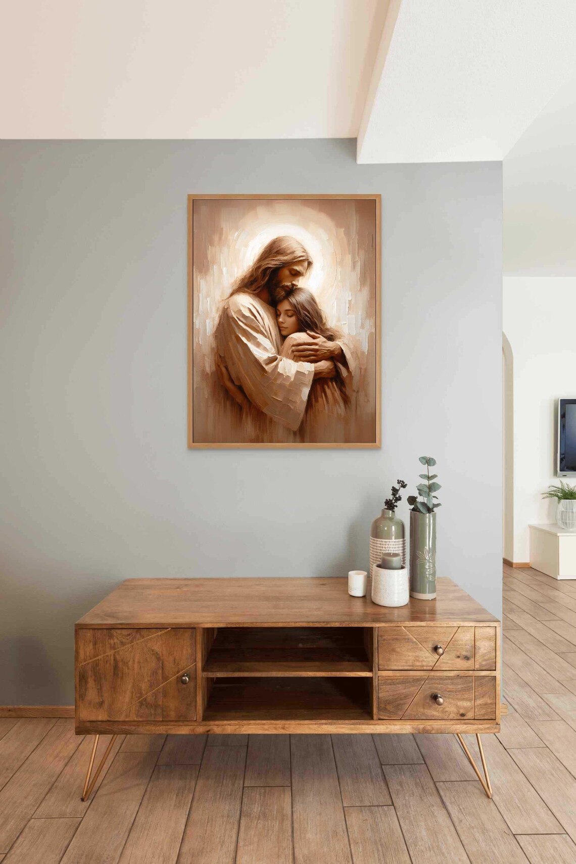 Jesus Holding Young Girl Close With Warm Halo Glow In Brown Tones Poster - Image 3