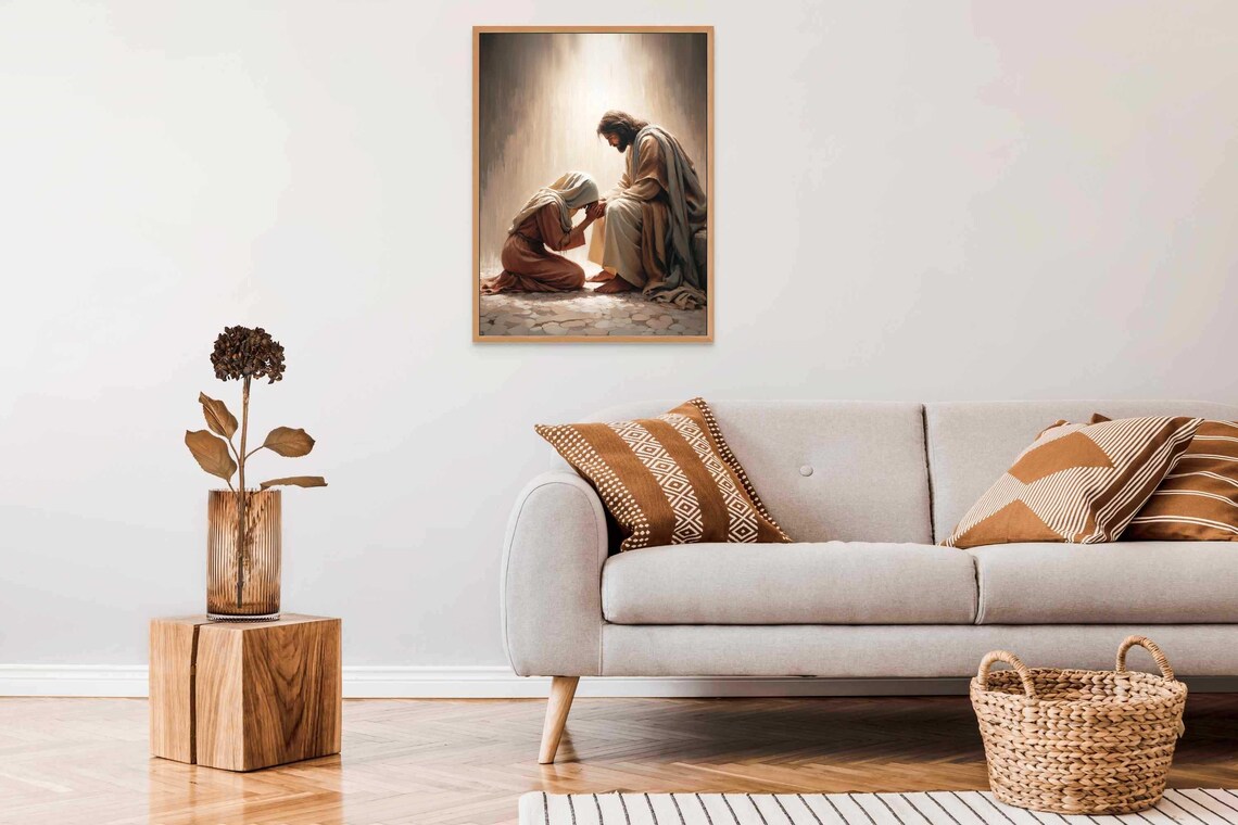 Jesus Comforting Kneeling Woman Prayer Hands Christian Art Poster - Image 7