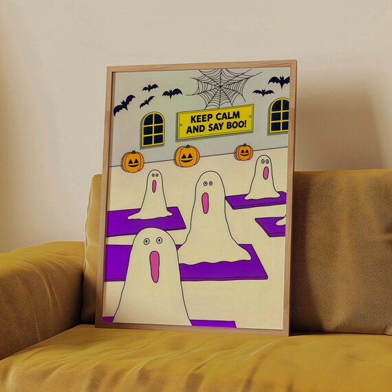 Keep Calm And Say Boo Ghost Yoga Cute Funny Halloween Poster