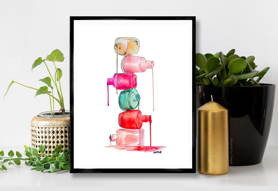 Tower of Stacked Nail Polish Bottles Watercolor Beauty Poster