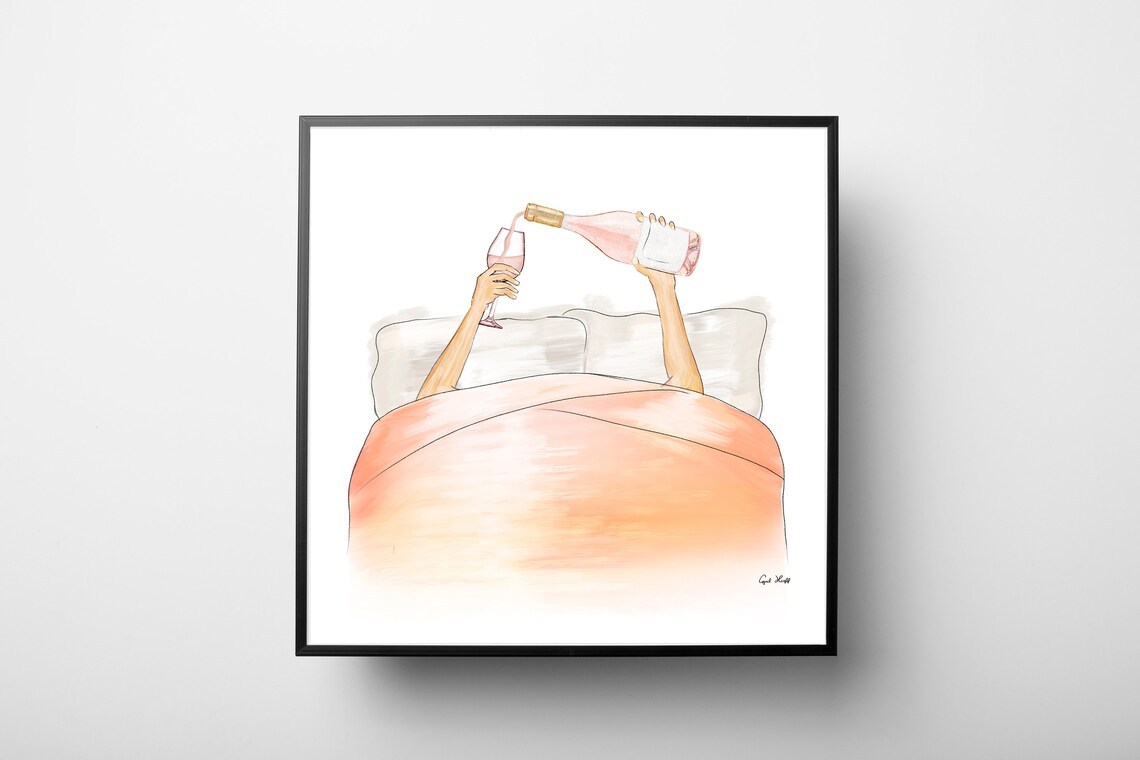 Woman Relaxing in Bed Pouring Rose Wine Watercolor Fashion Poster