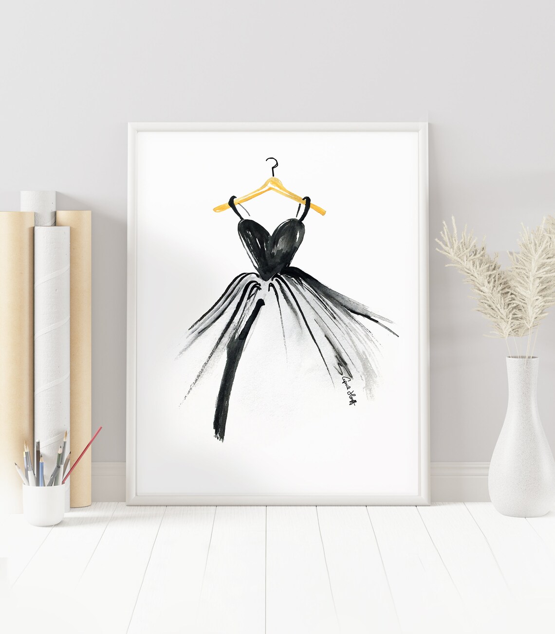 Black Little Dress on Wooden Hanger Fashion Watercolor Poster