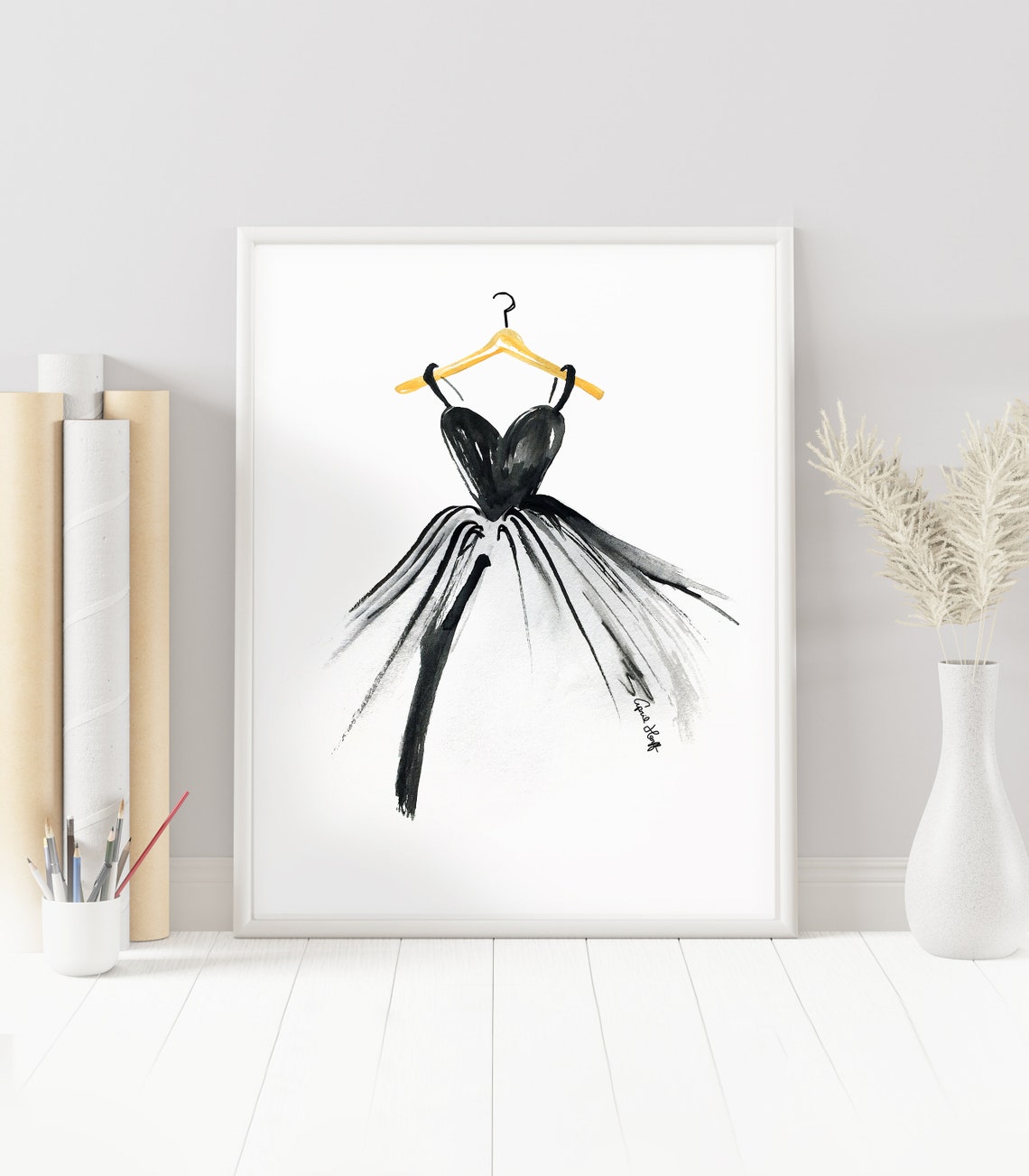 Little Black Dress Watercolor Print Fashion Illustration Princess Art Designer Ballerina Girl Ballgown Lbd Pageant Wall Home Decor