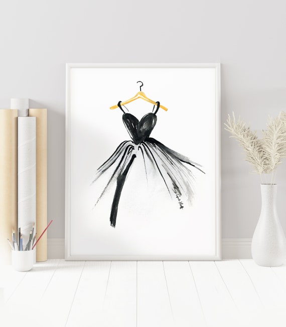 Little Black Dress Watercolor Print Fashion Illustration Princess Art Designer Ballerina Girl Ballgown Lbd Pageant Wall Home Decor