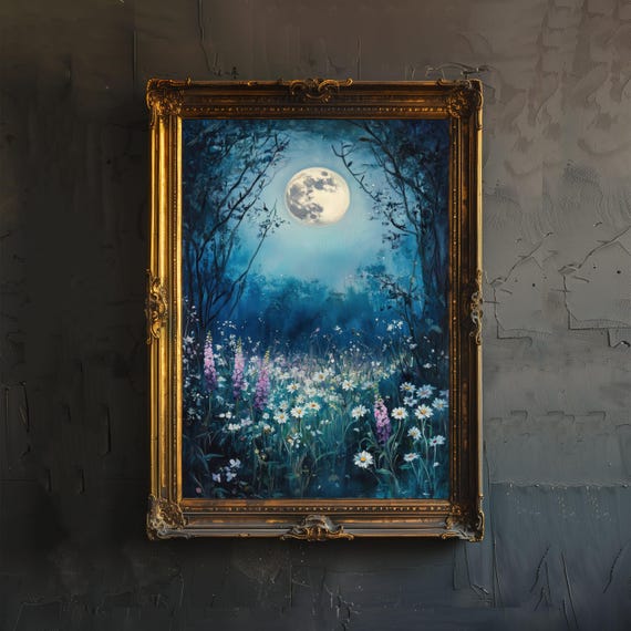 Moon Above Wild Flowers Celestial Art Print Mystical Night Sky Wall Vintage Botanical Poster For Living Room Bedroom Or Gallery