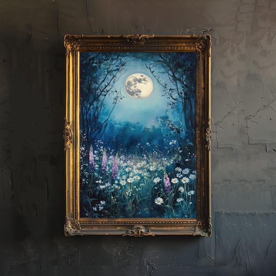 Moonlit Wildflower Garden Daisies Full Moon Mystical Night Art Poster