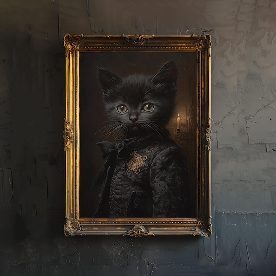 Victorian Black Kitten Portrait Dark Academia Gothic Cat Art Poster